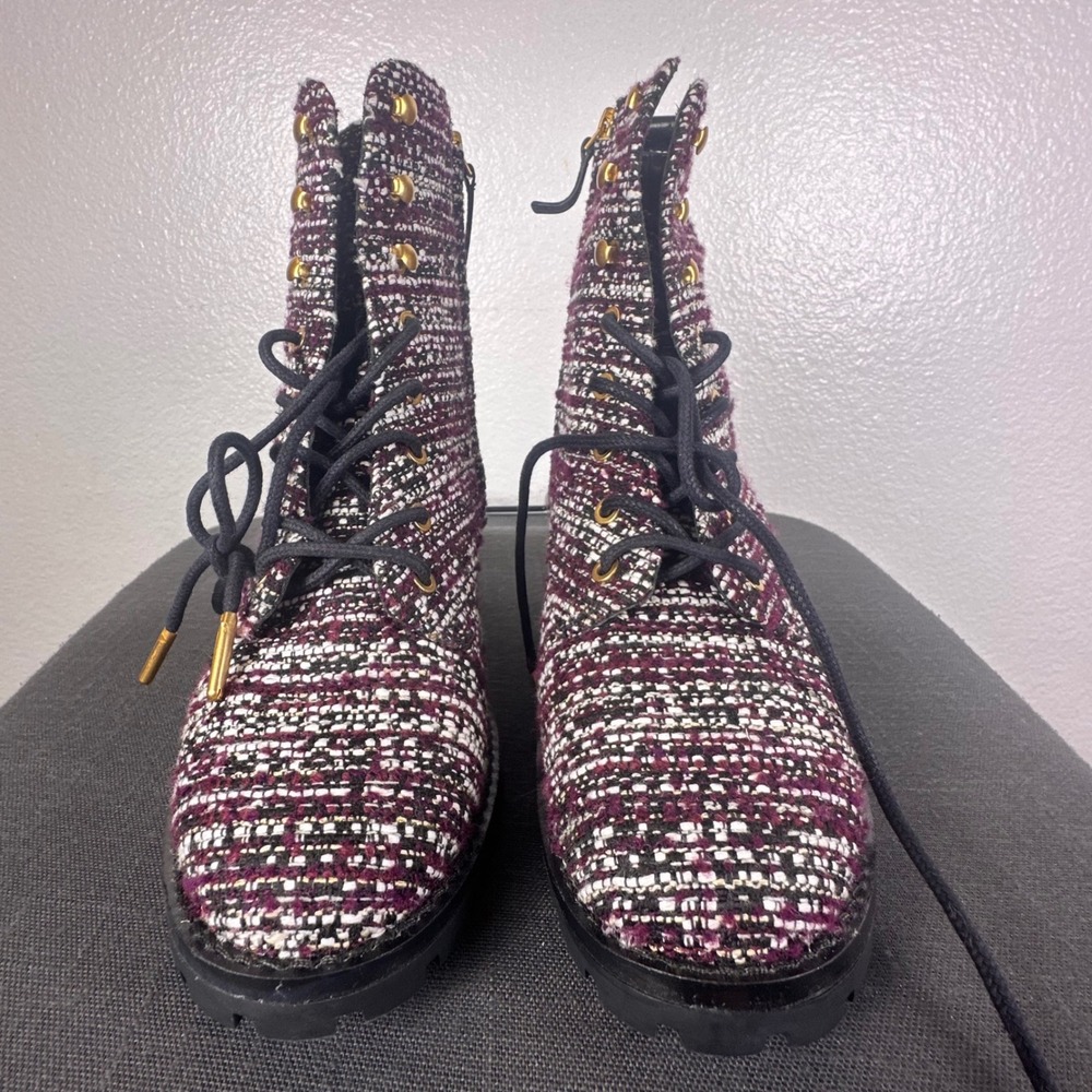 Tory Burch Miller Tweed Combat Boots Purple White Leather Lug Sole 8M‎